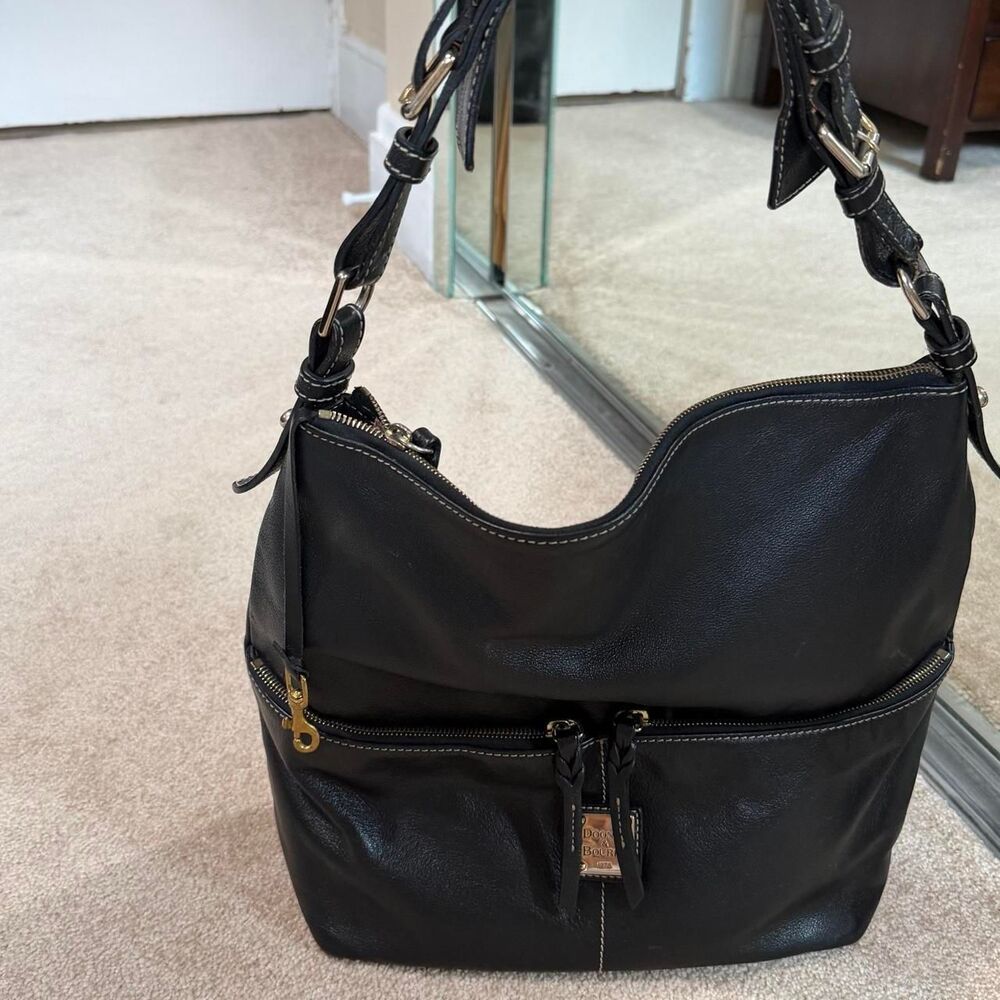 Black leather Dooney & Dillen Black Pebble Leather Hobo Shoulder Bag Gold Accent